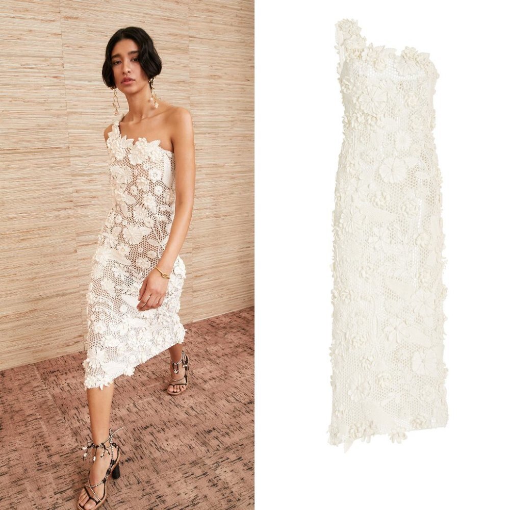 Ulla Johnson Sydel Hand Crochet Knitted Floral Lace One Shoulder Dress Ivory P/S